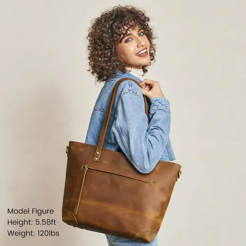 Miniatura 2 de S-ZONE - Bolso de mano de piel auténtica vintage para portátil, Bolsa de trabajo para mujeres con bolsillo trasero con cremallera