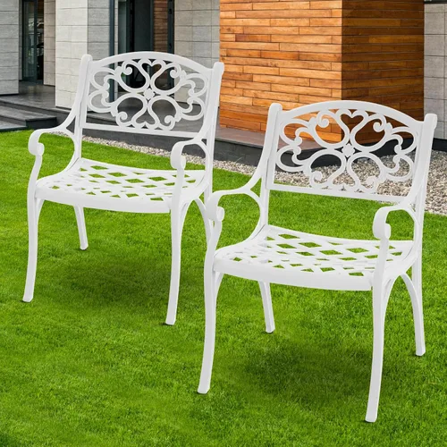 Miniatura 10 de Juego de 2 sillas de comedor de aluminio fundido para exteriores, juego de sillas de bistró para patio con reposabrazos, sillas de comedor