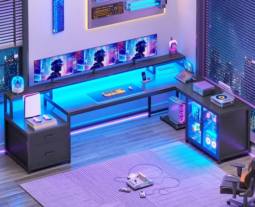 SEDETA Escritorio para juegos en forma de L, escritorio grande para computadora de 78.7 pulgadas con cajones, toma de corriente y luz LED, Negro
