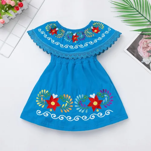 Miniatura 2 de FYMNSI Vestido mexicano para niñas pequeñas con bordado floral étnico mexicano, vestidos casuales con volantes, vestido de verano para vacaciones