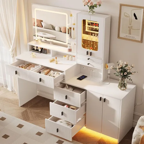 Miniatura 5 de Vabches Escritorio grande de tocador de 59 pulgadas con espejo y luces, mesa de tocador de maquillaje blanca con gabinete de joyería y 7 cajones