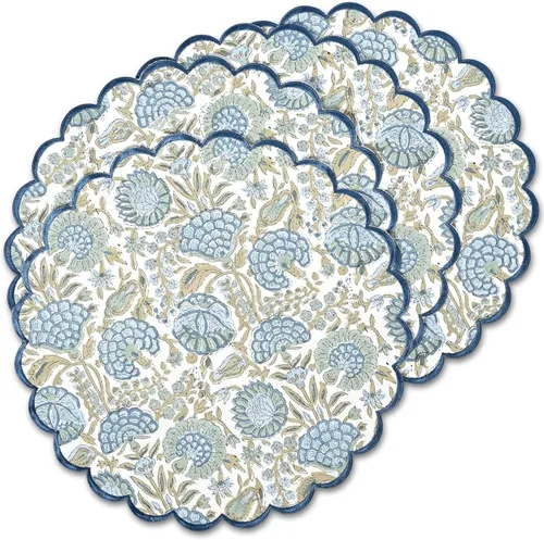 Ridhi Bo-ho Mantel Individual Redondo de Pascua Floral de Algodón Lavable Manteles Individuales de 15" Redondos con Bordado de Impresión en Bloque
