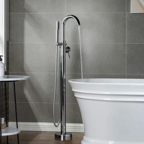 Miniatura 9 de WOODBRIDGE Grifo de llenado de bañera independiente contemporáneo de una sola manija con ducha de mano en acabado cromado, F0002CHRD