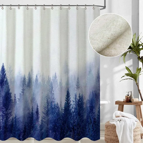ORTIGIA Cortinas de ducha de lino con diseño de bosque brumoso para baño, cortina de ducha de bosque natural azul, cortina de baño con textura de