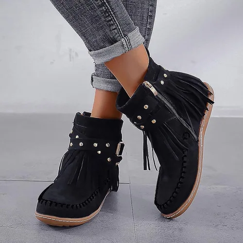 Miniatura 2 de AUNTHUI Sursell - Botines de gamuza para mujer, con flecos, punta redonda, planos, cálidos, de moda, occidentales, para exteriores, con cremallera