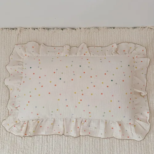 BuLuTu Fundas de almohada para niños pequeños de algodón musul, fundas de almohada para niños pequeños con patrón de puntos de colores, fundas de