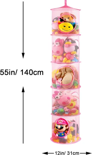 Miniatura 3 de Red de Animales de Peluche o Hamaca de Red de Juguetes, Almacenamiento Plegable de Animales de Peluche con 5 Compartimentos, Organizador de Rosa