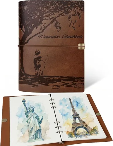 Cuaderno de bocetos de acuarela, diario de acuarela de cuero, 9.06 x 6.69 pulgadas, 140 libras/300 GSM, 24 hojas, 48 páginas, papel de acuarela 100%