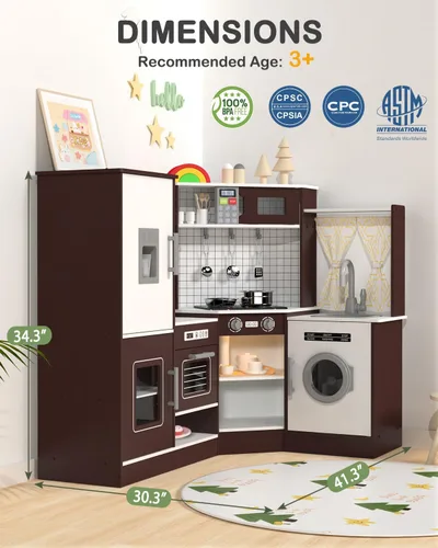 Miniatura 6 de Babytronic Juego de Cocina de Juguete de Madera de Esquina para Niños con Luces y Sonidos, Set de Cocina de Juguete con Estufa, Microondas, Máquina