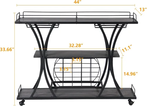 Miniatura 5 de KIVENJAJA Carrito de bar industrial, carrito de servicio rodante con estantes para vino y soporte para vidrio, estante de 3 niveles de licor
