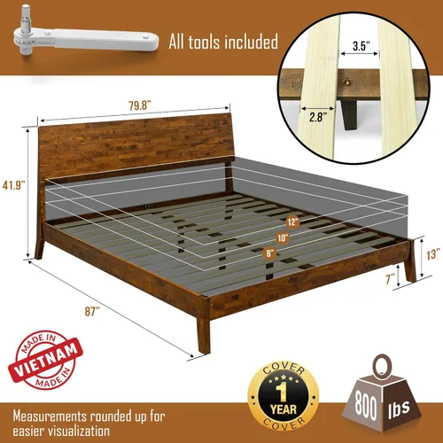 Miniatura 2 de Acacia Serenity - Base de cama King y cabecero de madera maciza, base de cama y cabecero de cama tamaño King, cama de madera escandinava compatible