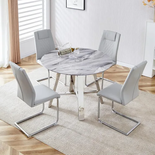 Miniatura 14 de Juego de 4 sillas de comedor redondas de 42 pulgadas para 4, sillas de mesa de cocina modernas para 4 mesas de comedor de mármol sintético, sillas