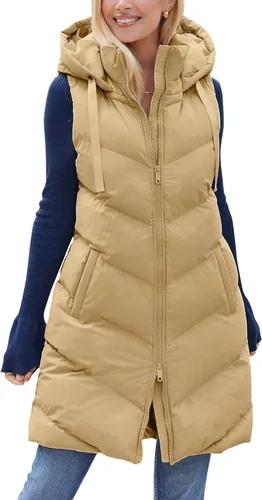 Miniatura 2 de Ebifin Chaleco acolchado largo para mujer, sin mangas, con capucha y cremallera completa, con bolsillos