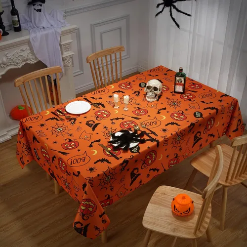 Miniatura 7 de CAROMIO Mantel de Halloween, tela de araña y calabaza, mantel impermeable de telaraña de murciélago y fantasma, decoración de mesa de Halloween