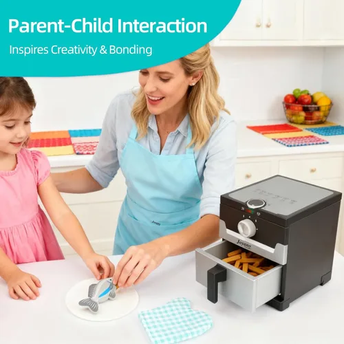 Miniatura 3 de Freidora de aire de madera, 15 piezas, juego de olla a presión de 18 piezas para niños, juguete de cocina con accesorios de alimentos, utensilios