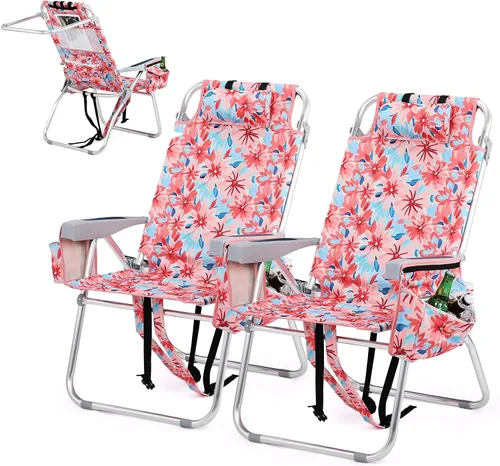 Miniatura 15 de VINGLI Silla de Playa Alta Paquete de 2 Ligera, Silla de Playa Tipo Mochila para Adultos con 5 Posiciones, Bolsa Refrigeradora, Portavasos, Barra