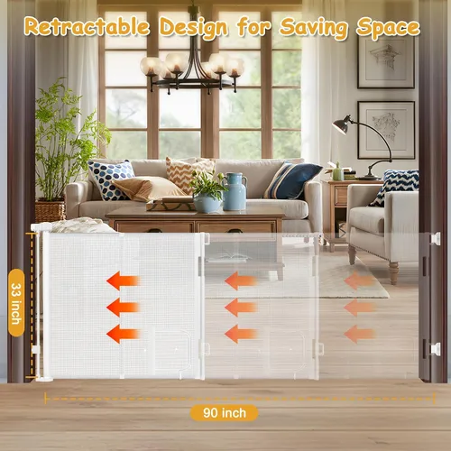 Miniatura 4 de Puerta retráctil extra ancha reforzada de 90 pulgadas para bebés con puerta para gatos, puertas retráctiles de 33 pulgadas de alto para perros Blanco