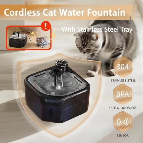Miniatura 2 de Fuente de agua para gatos inalámbrica con 4 filtros de repuesto de 108 oz/3.2 L, fuente de agua para mascotas, funciona con pilas, con bandeja
