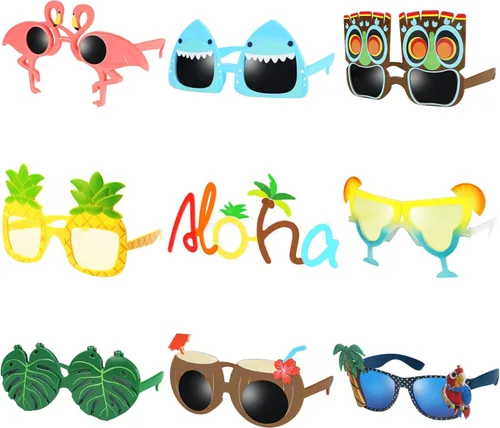 Ocean Line Luau - 9 pares de gafas de sol hawaianas divertidas, accesorios de disfraces tropicales, divertidos recuerdos de fiesta de verano para