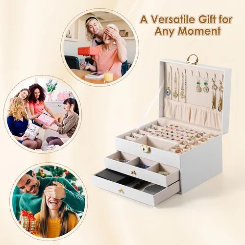 Miniatura 8 de Joyero de 3 capas, organizador de joyas con cajón organizador de joyas, grandes cajas de joyería y organizador con organizador de aretes