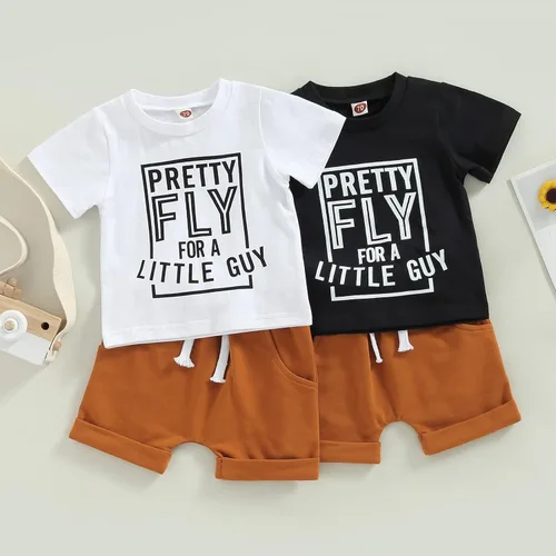 Miniatura 16 de Conjunto de traje de verano para bebé niño pequeño, manga corta, cuello redondo, letras impresas, lindo traje de verano, conjunto de 2 piezas