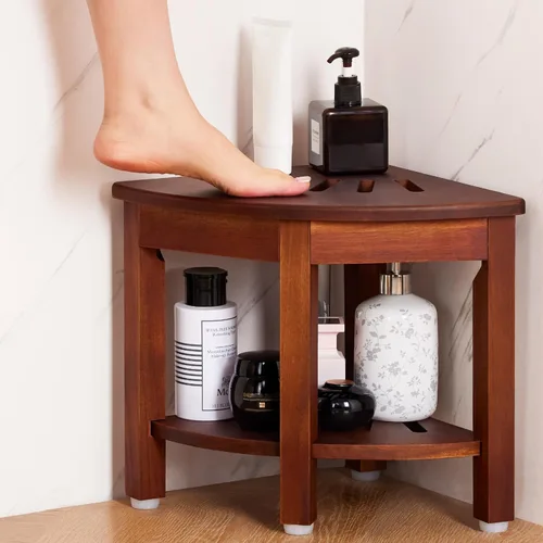 Miniatura 7 de HouseJoy Banco de ducha de esquina con estante: taburete de ducha de esquina para afeitarse las piernas, reposapiés de baño, banco de baño