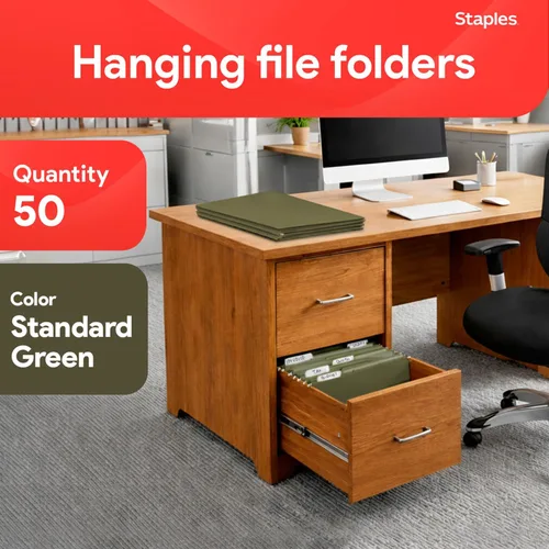 Miniatura 2 de Staples Carpetas colgantes para archivos, tamaño carta, pestañas de corte de 1/5, verde estándar, incluye pestañas e insertos de papel, paquete