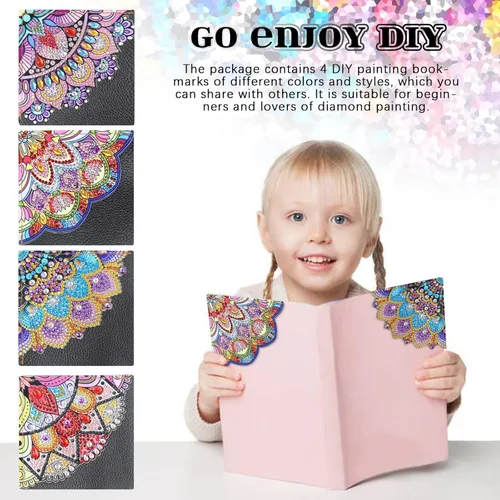 Miniatura 5 de Juego de 4 piezas de pintura de diamante, marcapáginas de mandala, de cuero, para manualidades, pintura de cristal con forma especial 5D por números