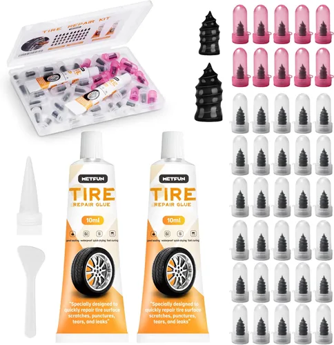 Kit de 40 piezas de clavos de hule para reparación de neumáticos con 2 tubos de pegamento sellador de neumáticos negro, kit de 2026 nuevos tapones