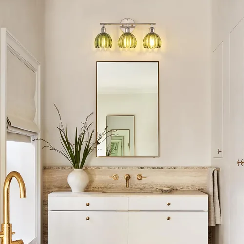 Miniatura 2 de Shenmoyl Accesorios de Iluminación para Baño, Luz de Pared de Tocador de 3 Luces Sobre Espejo con Pantalla de Cristal de Tulipán Verde para Base