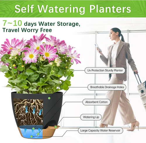 Miniatura 3 de 8/7/6.5/6/5.5/5 Inch Self Watering Pots for Indoor Outdoor Plants, Set of 6 Large Plastic Planters with Visual Water Window, Drainage Holes &