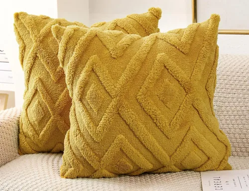 Miniatura 7 de Juego de 2 fundas de almohada de piel sintética beige de 16x16, funda de almohada decorativa de cuadros suave estilo boho para sofá, cama, sala