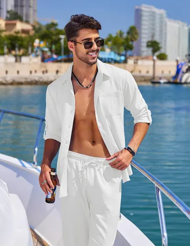 Miniatura 2 de COOFANDY Conjunto de 2 piezas de lino para hombre, camisa cubana con botones y pantalones sueltos de manga larga y pantalones sueltos