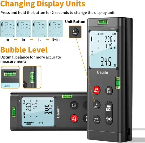 Miniatura 5 de Bilateral Laser Measurement Tool, Bauihr 393ft/120M Rechargeable Aluminum Dual Laser Distance Meter