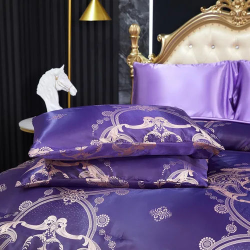 Miniatura 8 de Juego de edredón morado tamaño Queen, juego de sábanas de satén jacquard de 8 piezas bordado neoclásico floral elegante cama decoración del hogar