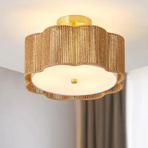 Miniatura 8 de Lámpara de Techo Empotrada de Ratán de 17.7", Luminaria de Techo Boho de 3 Luces Cerca del Techo, Lámpara de Techo de Ratán para Dormitorio, Amarillo