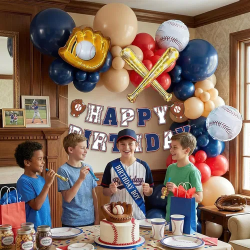 Miniatura 2 de Decoraciones de fiesta de cumpleaños de béisbol, arco de globos azul marino y rojo desnudo con bate de béisbol y guantes y pancarta de feliz