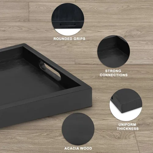 Miniatura 5 de Bandeja rectangular de madera de acacia negra con asas, juego de 2 (15 x 11 pulgadas y 13 x 10 pulgadas), bandeja grande para otomana, desayuno