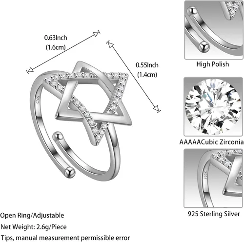 Miniatura 44 de Jewmon Anillo de plata de ley con estrella de David para mujer – Anillo ajustable Magen David – Amuleto Wicca – Regalos judíos