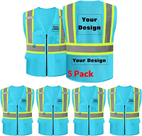 Miniatura 26 de Chaleco de seguridad de malla personalizado con LOGOTIPO Chaleco reflectante de alta visibilidad con 5 bolsillos y cremallera Azul personalizado