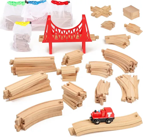 Juego de 60 pistas de tren de madera, accesorios de expansión para niños pequeños de 3 a 5 años, 100% compatible con todas las principales marcas,