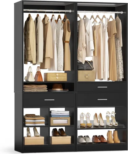 Miniatura 18 de Unikito Organizador de armario de 25 pulgadas de ancho x 80 pulgadas de alto, con barra para colgar y 2 cajones de madera, zapatero ajustable