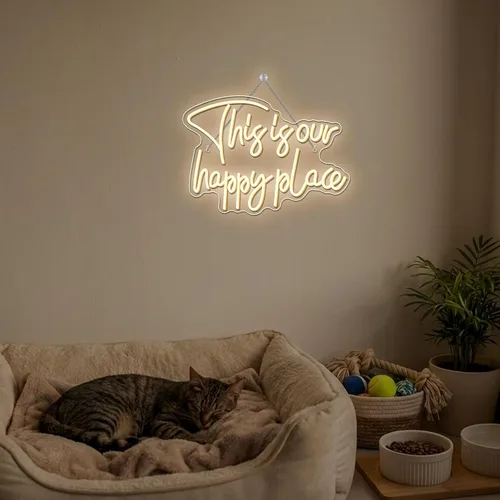 Miniatura 8 de NOSUN Letrero de neón con texto en inglés «This is Our Happy Place» para decoración de pared, regulable, luz blanca cálida, para dormitorio, aula