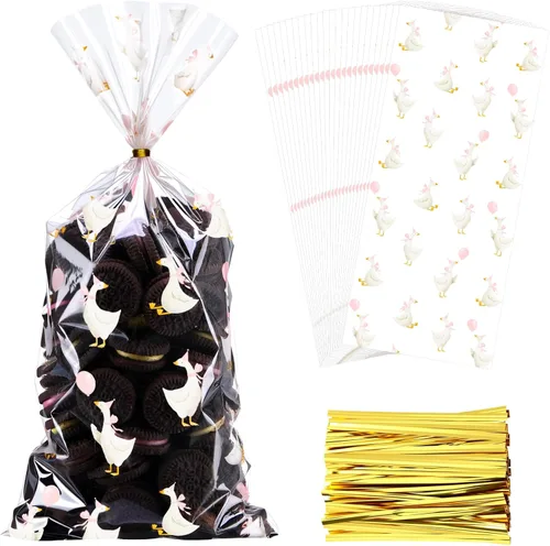 Yexiya 100 bolsas de dulces de ganso de celofán transparentes con lazos de cinta, bolsa de plástico impresa de ganso blanco para aperitivos para