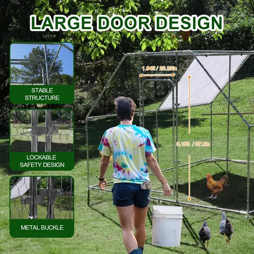 Miniatura 9 de Gallinero grande de metal con estructura para trepar, jaula de aves de corral para exteriores con parte superior plana y cubierta impermeable