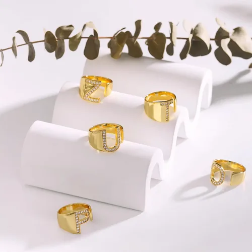 Miniatura 5 de Honsny Anillo de oro de moda con letra inicial para mujer, anillos dorados gruesos y ajustables con circonita cúbica, alfabeto mayúscula, nudillo