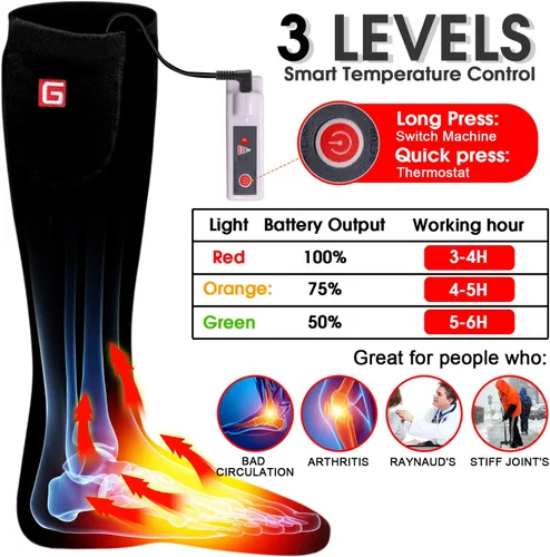 Miniatura 3 de Autocastle Calcetines calefactados para hombres y mujeres, calcetines calefactados recargables para pies fríos, calcetines de calentamiento