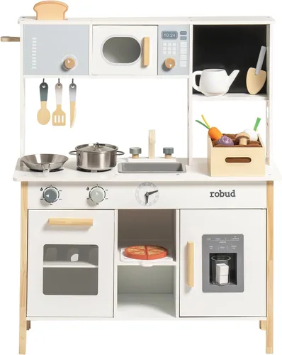 Miniatura 8 de ROBUD Cocina de juguete para niños – Cocina de juguete de madera con caja de plantación, juego de cocina Montessori con máquina de hielo y horno