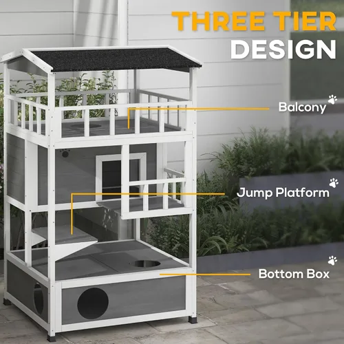 Miniatura 4 de Robust Multi-Story Cat Condo Featuring Asphalt Roof, Escape Doors, Jumping Platform, Durable Material, Light Gray Exterior