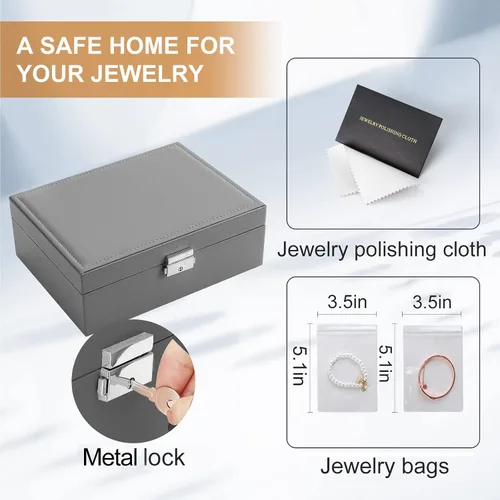 Miniatura 5 de Joyero para mujeres y niñas, 2 capas de cuero, organizador de joyas de viaje, estuche de almacenamiento con cerradura y bandeja extraíble